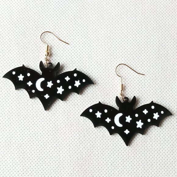 Halloween Bat Moon & Stars Earrings, Ladies Earrings - Picture 4 of 4